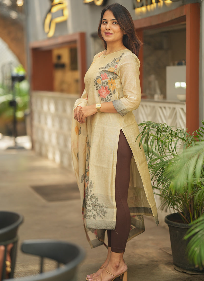 Cream Straight Cut Woven Cotton Kurta And Dupatta