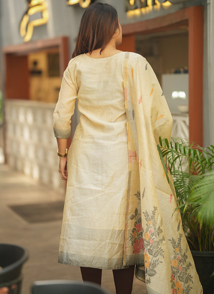 Cream Straight Cut Woven Cotton Kurta And Dupatta
