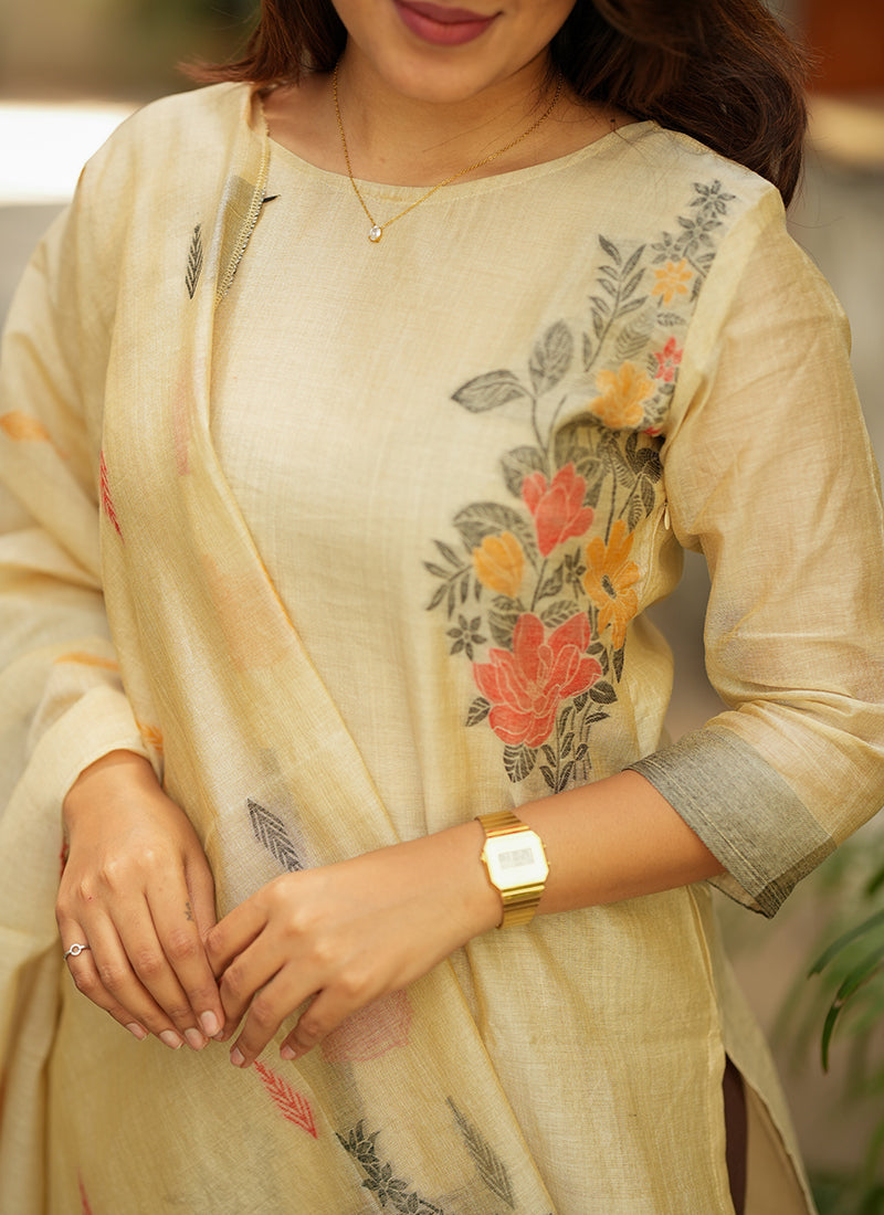 Cream Straight Cut Woven Cotton Kurta And Dupatta