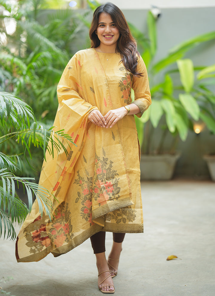 Yellow Straight Cut Woven Cotton Kurta And Dupatta