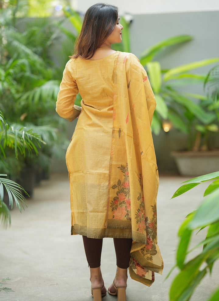 Yellow Straight Cut Woven Cotton Kurta And Dupatta
