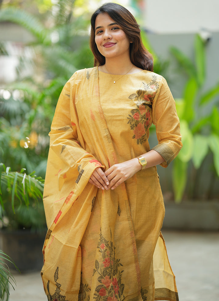 Yellow Straight Cut Woven Cotton Kurta And Dupatta