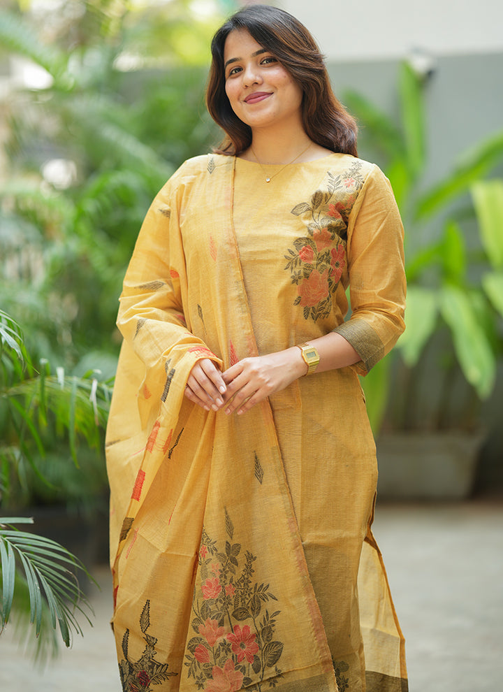 Yellow Straight Cut Woven Cotton Kurta And Dupatta