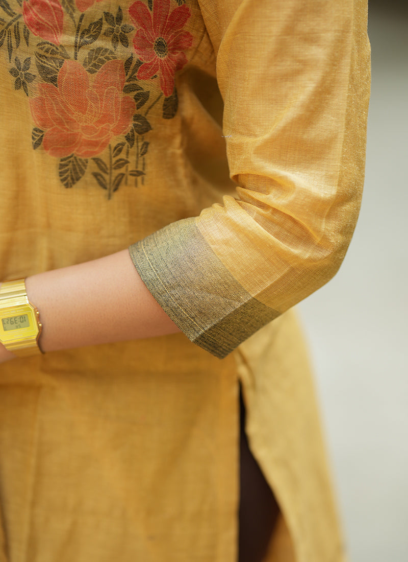 Yellow Straight Cut Woven Cotton Kurta And Dupatta