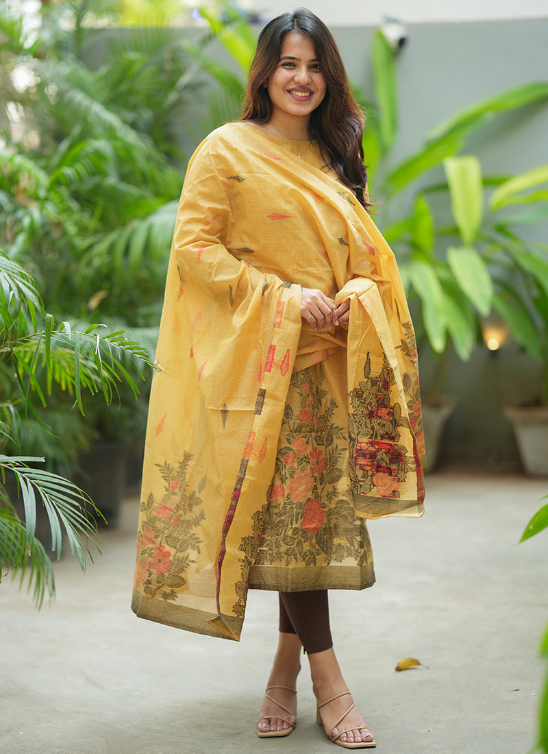 Yellow Straight Cut Woven Cotton Kurta And Dupatta