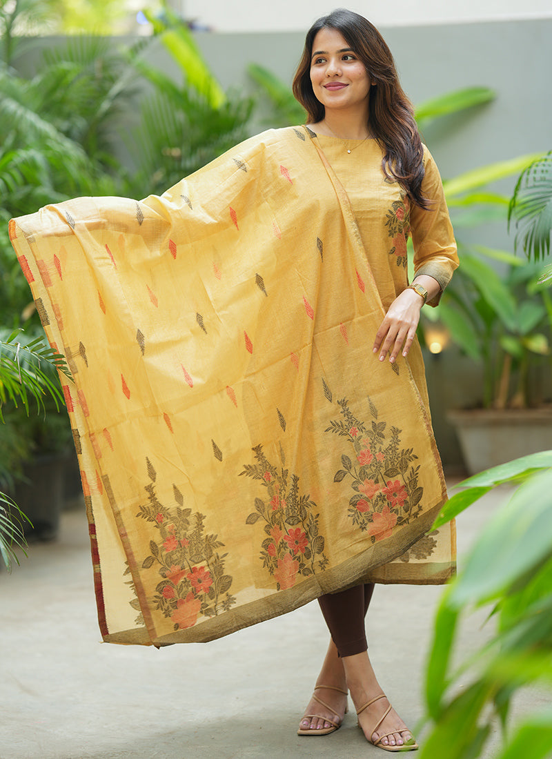 Yellow Straight Cut Woven Cotton Kurta And Dupatta