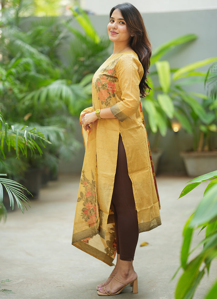 Yellow Straight Cut Woven Cotton Kurta And Dupatta