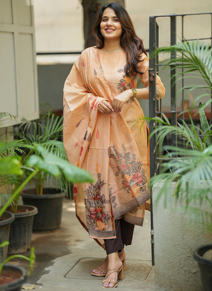 Orange Straight Cut Woven Cotton Kurta And Dupatta