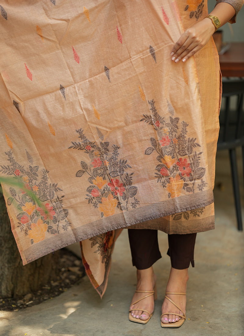 Orange Straight Cut Woven Cotton Kurta And Dupatta