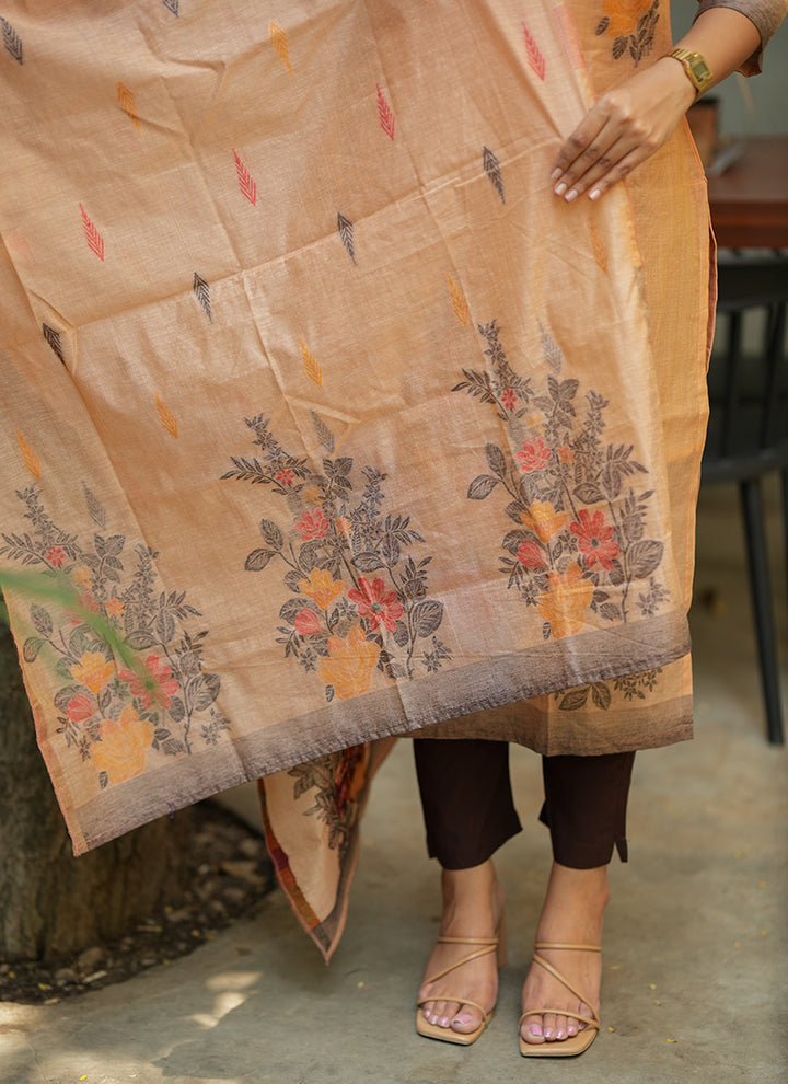Orange Straight Cut Woven Cotton Kurta And Dupatta