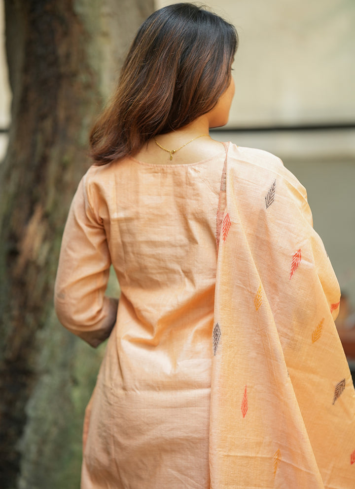 Orange Straight Cut Woven Cotton Kurta And Dupatta