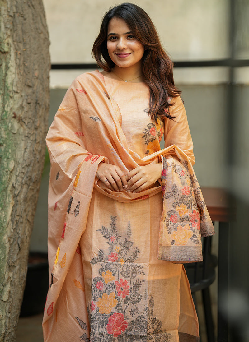Orange Straight Cut Woven Cotton Kurta And Dupatta