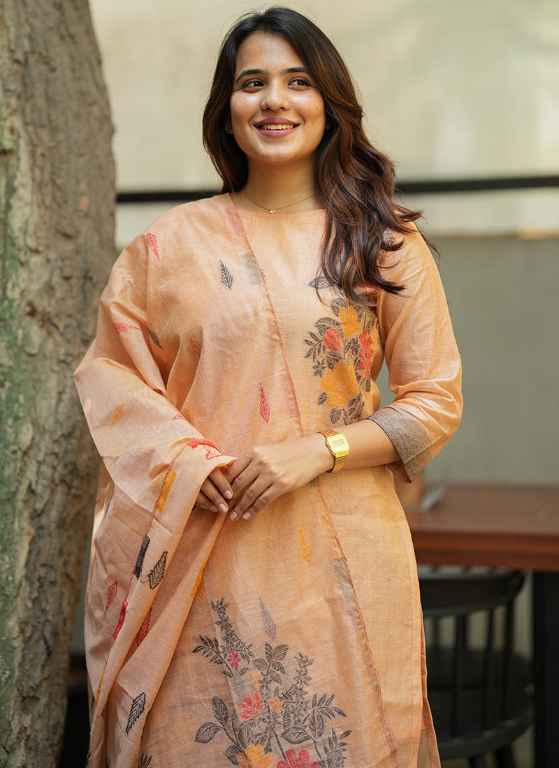Orange Straight Cut Woven Cotton Kurta And Dupatta