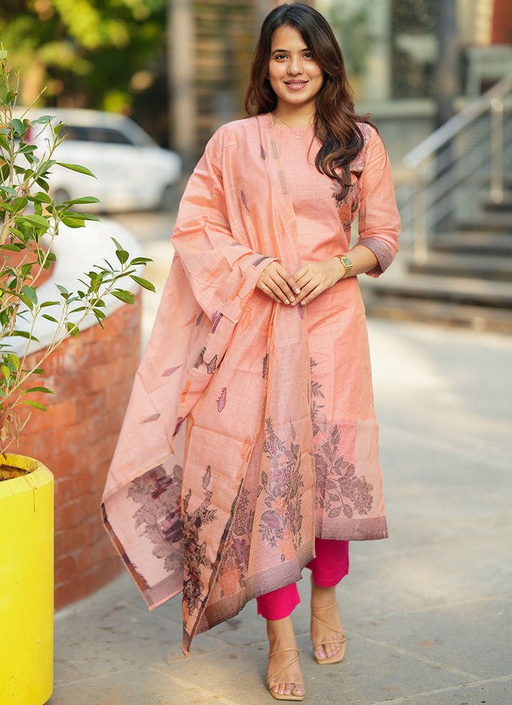 Pink Straight Cut Woven Cotton Kurta And Dupatta