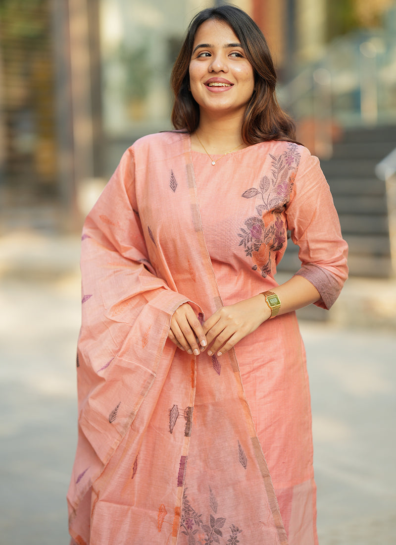 Pink Straight Cut Woven Cotton Kurta And Dupatta