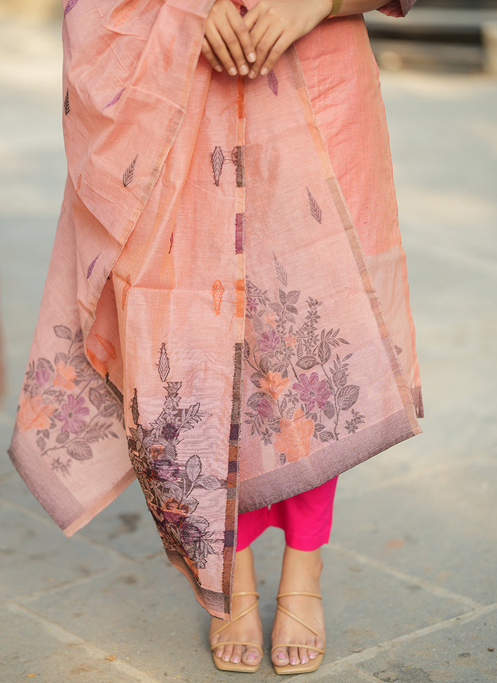 Pink Straight Cut Woven Cotton Kurta And Dupatta