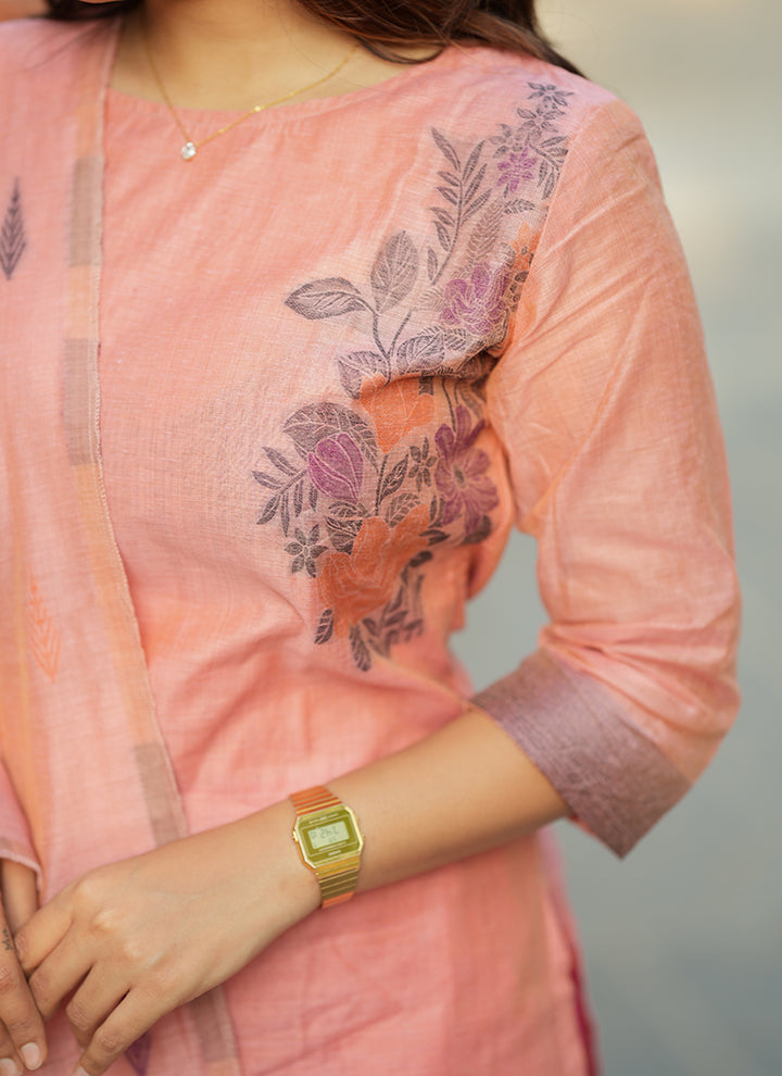 Pink Straight Cut Woven Cotton Kurta And Dupatta