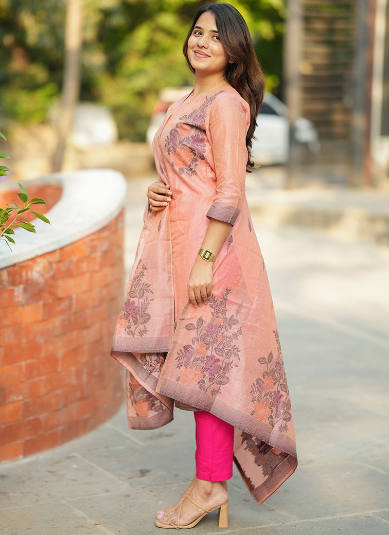 Pink Straight Cut Woven Cotton Kurta And Dupatta