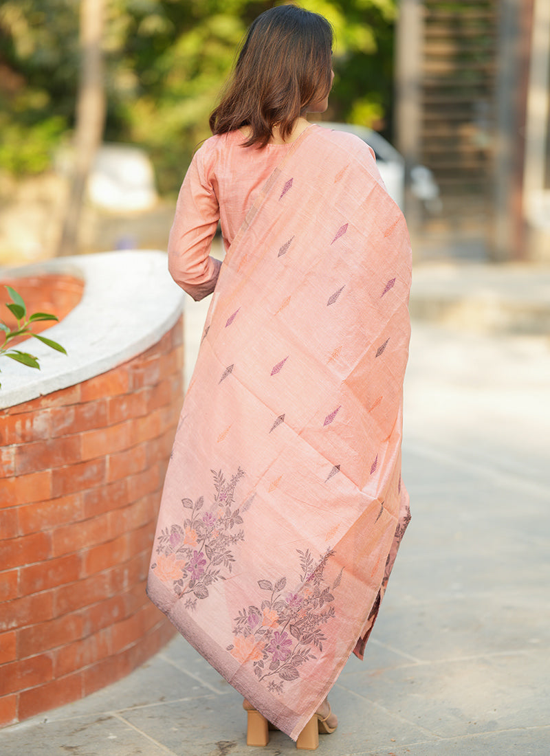 Pink Straight Cut Woven Cotton Kurta And Dupatta