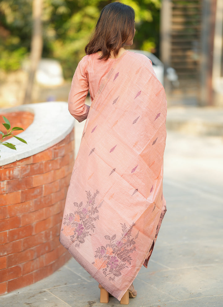 Pink Straight Cut Woven Cotton Kurta And Dupatta