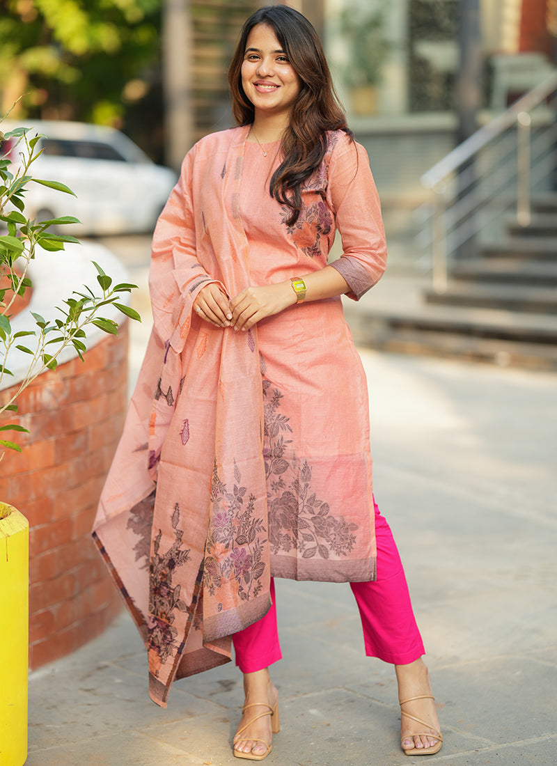 Pink Straight Cut Woven Cotton Kurta And Dupatta