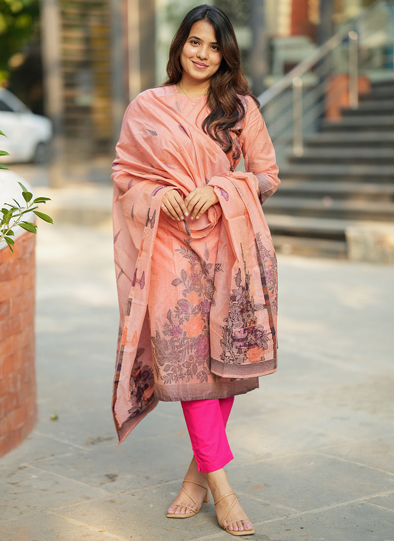 Pink Straight Cut Woven Cotton Kurta And Dupatta
