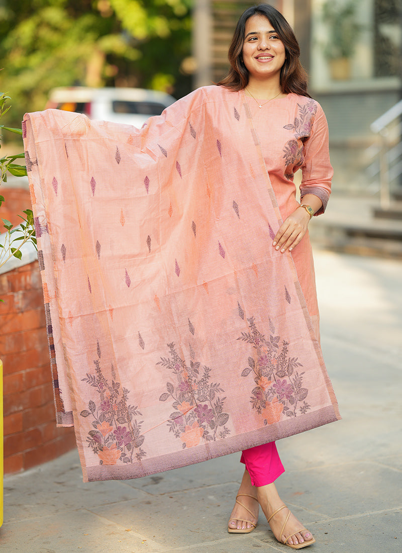Pink Straight Cut Woven Cotton Kurta And Dupatta