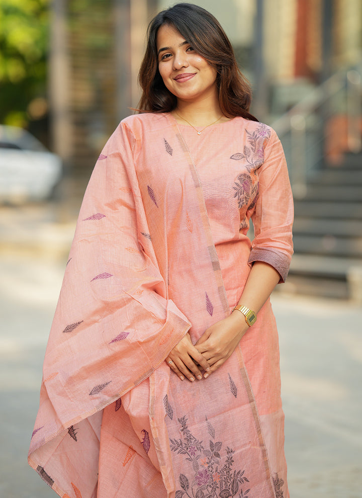 Pink Straight Cut Woven Cotton Kurta And Dupatta