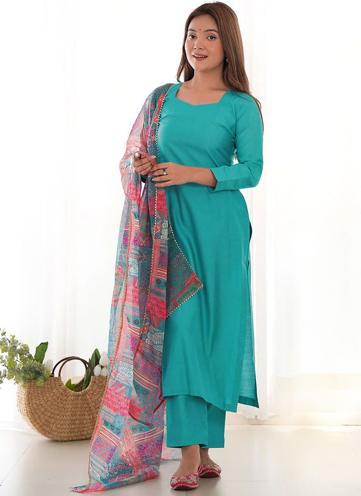 Turquoise Roman Silk Plain Casual Kurta Set