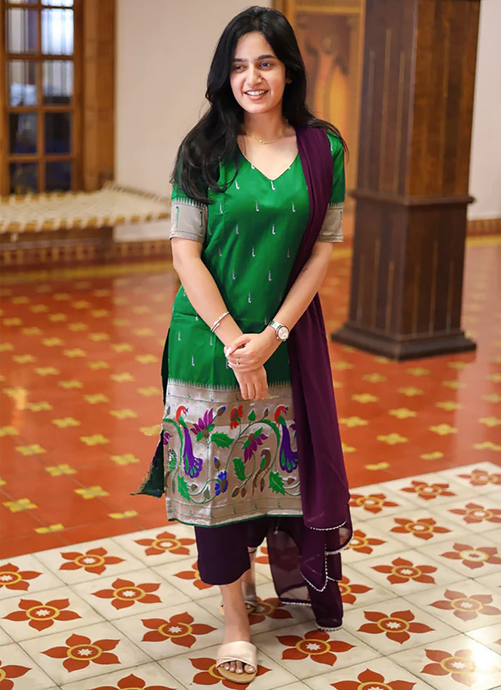 Green Woven Jacquard Festive Kurta Set