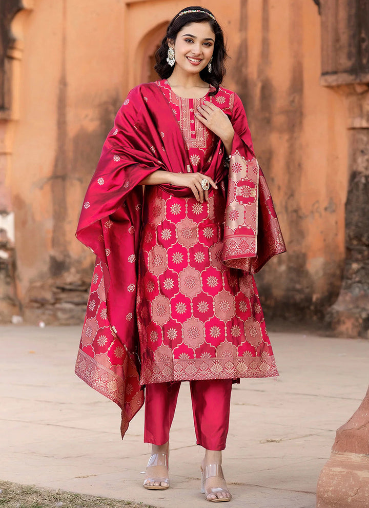 Rani Pink Jacquard Woven Ceremonial Kurta Set