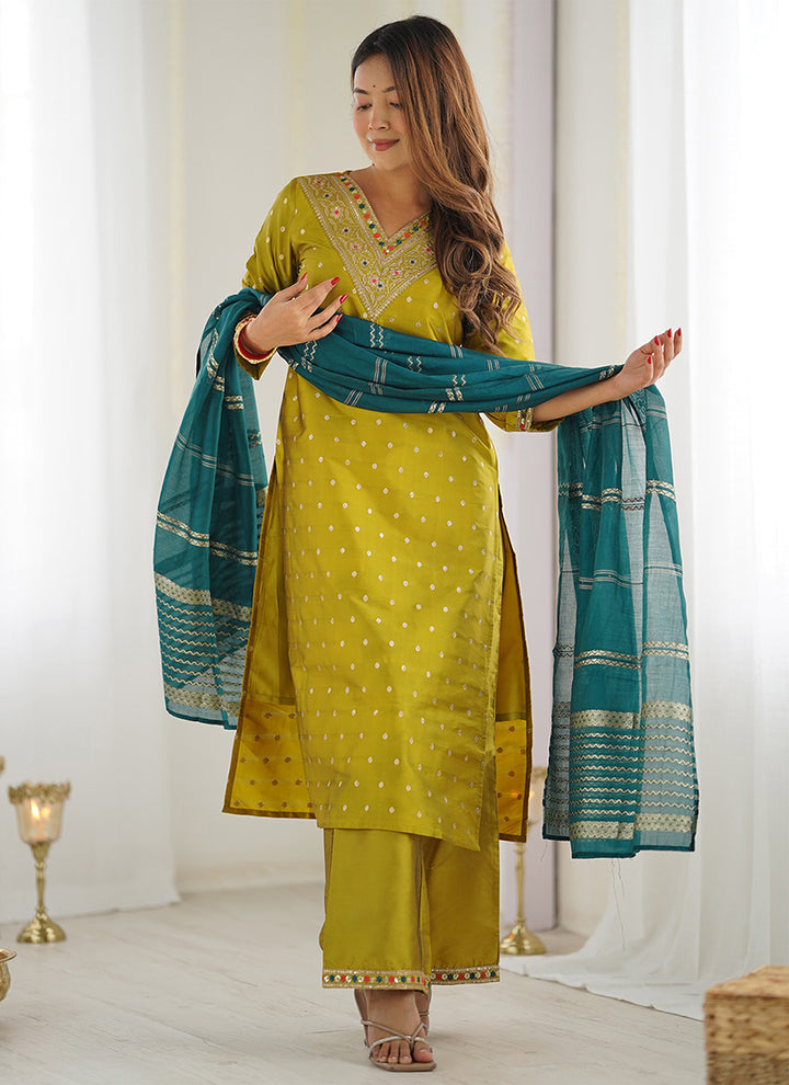 Yellow Jacquard Embroidered Straight Kurta Set