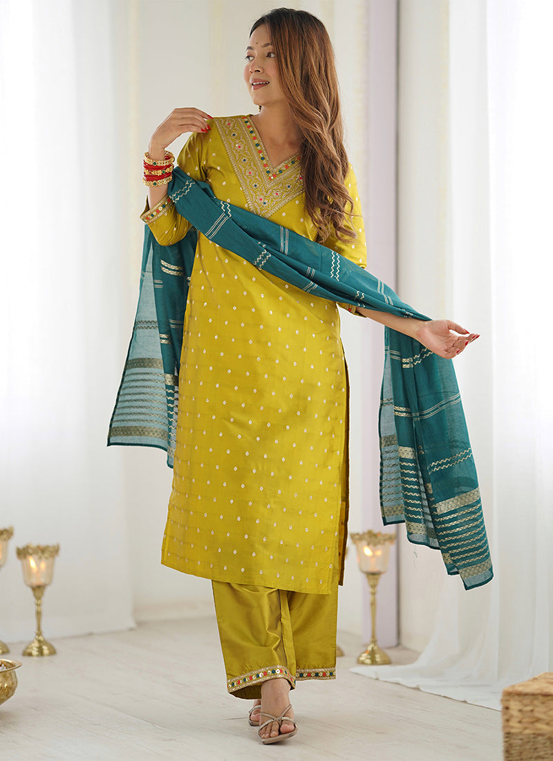Yellow Jacquard Embroidered Straight Kurta Set