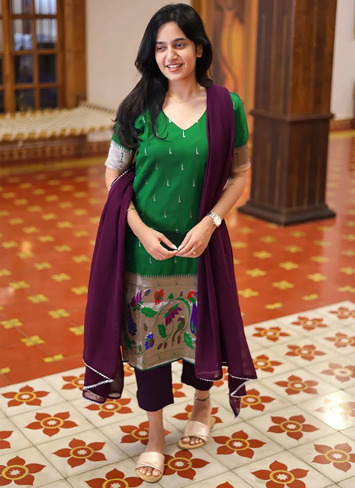 Green Woven Jacquard Festive Kurta Set