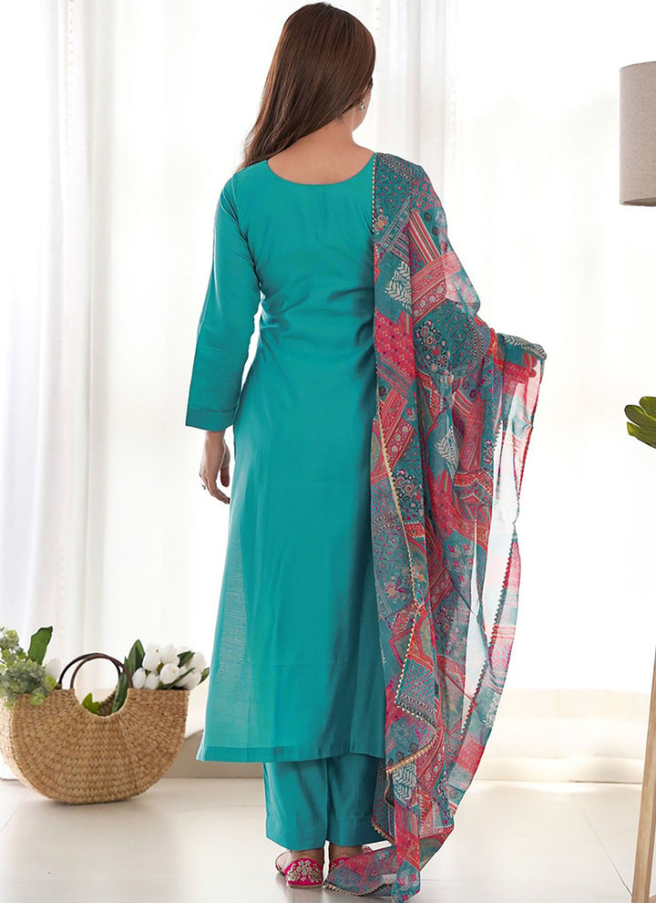 Turquoise Roman Silk Plain Casual Kurta Set