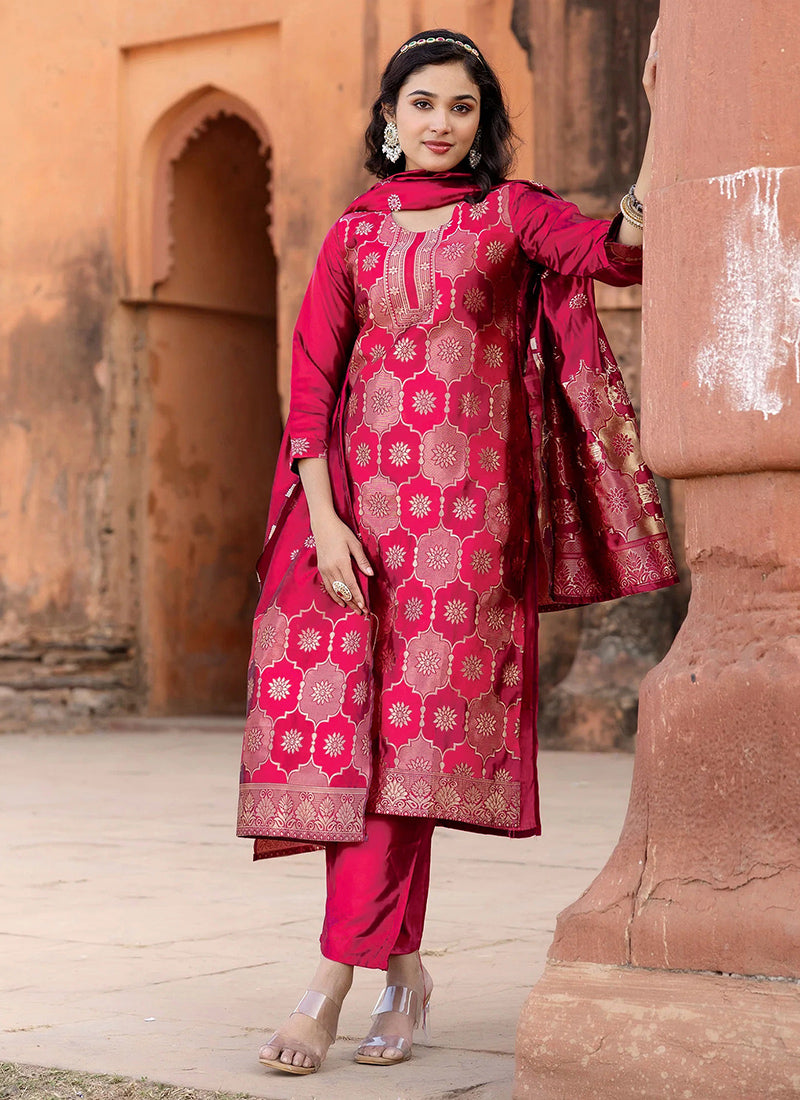 Rani Pink Jacquard Woven Ceremonial Kurta Set