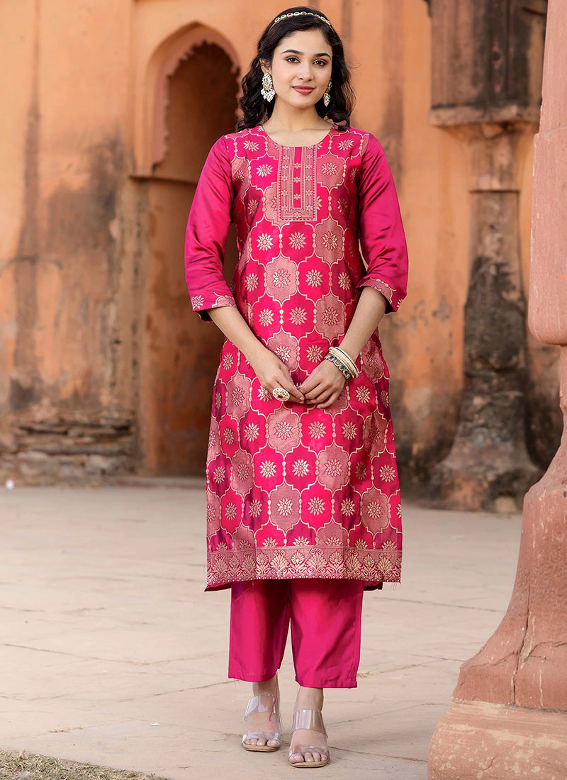 Rani Pink Jacquard Woven Ceremonial Kurta Set