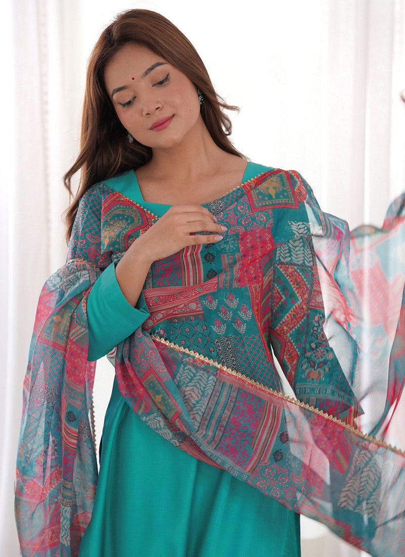 Turquoise Roman Silk Plain Casual Kurta Set