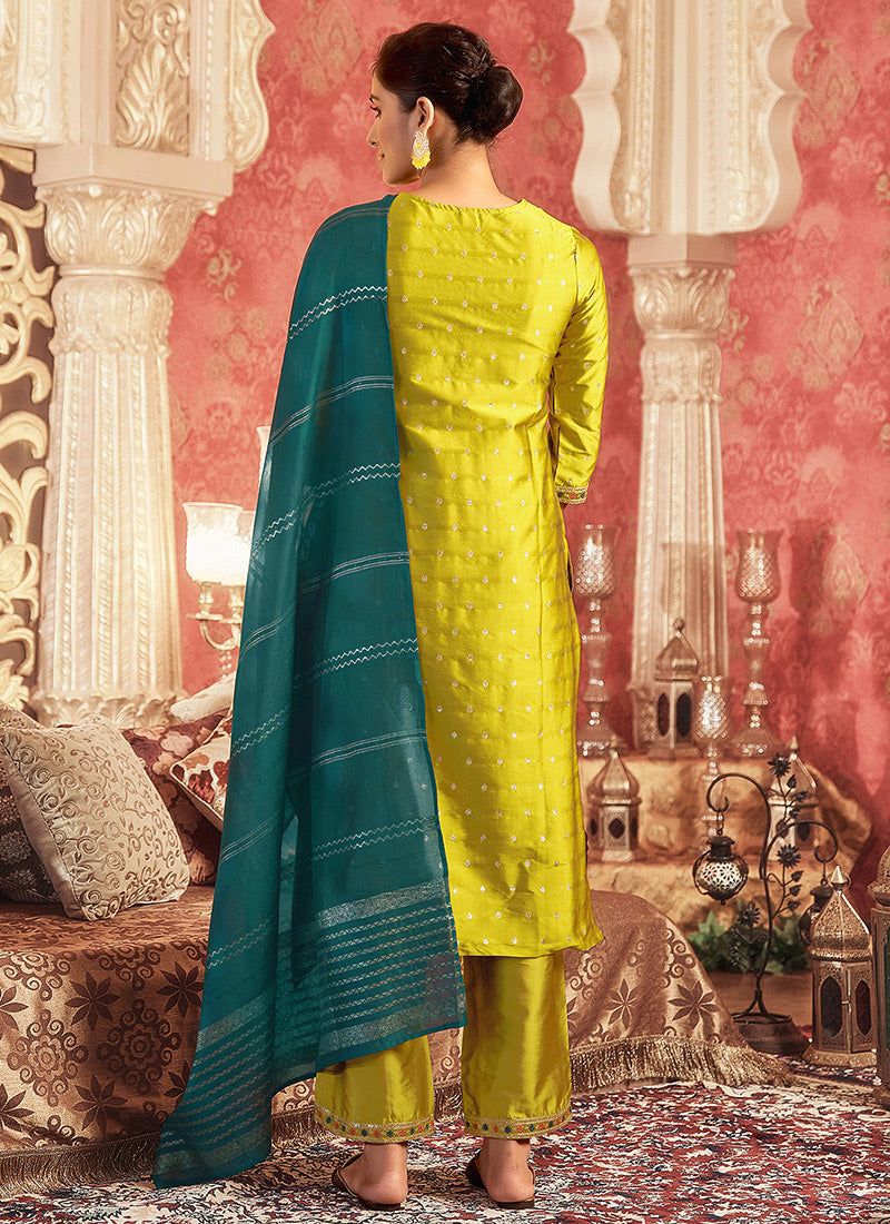 Yellow Jacquard Embroidered Straight Kurta Set