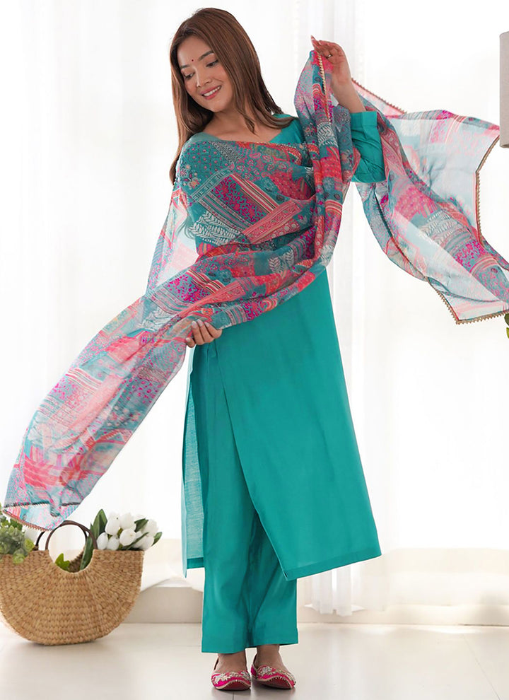 Turquoise Roman Silk Plain Casual Kurta Set