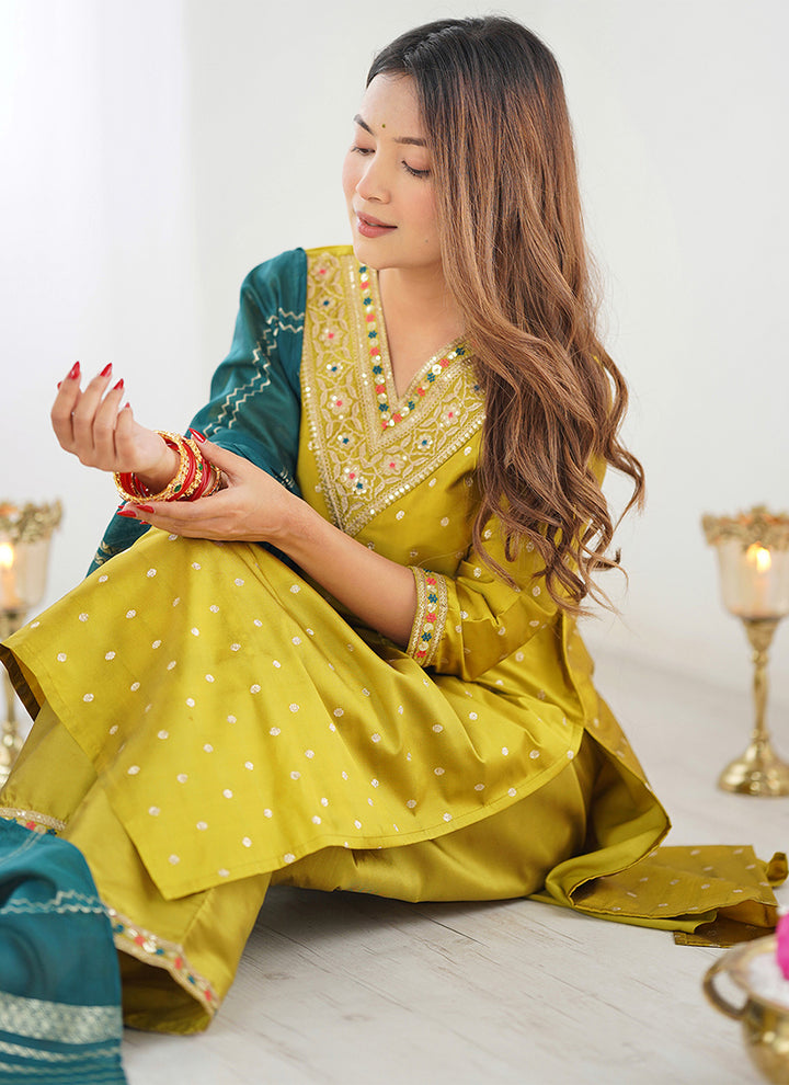 Yellow Jacquard Embroidered Straight Kurta Set