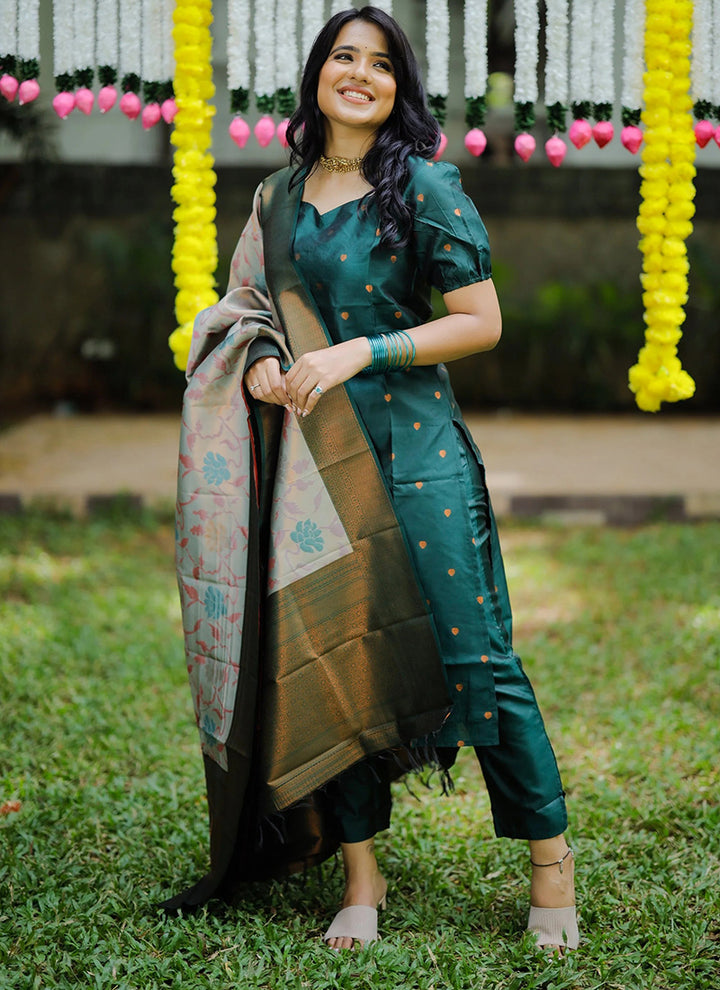 Teal Green Weaving Jacquard Ceremonial Kurta Set