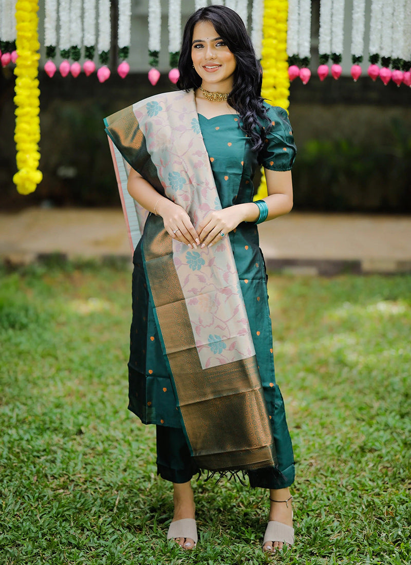 Teal Green Weaving Jacquard Ceremonial Kurta Set
