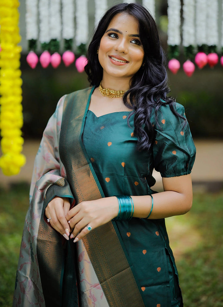 Teal Green Weaving Jacquard Ceremonial Kurta Set