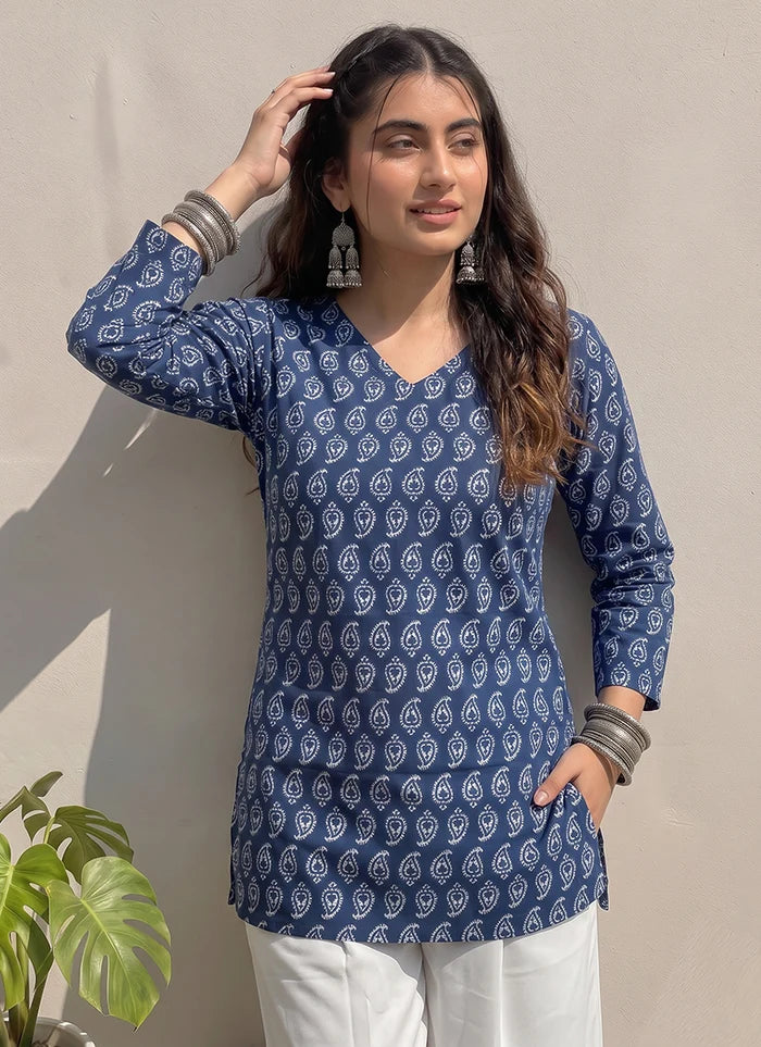 Blue Cotton Printed V Neck Outwear Kurti