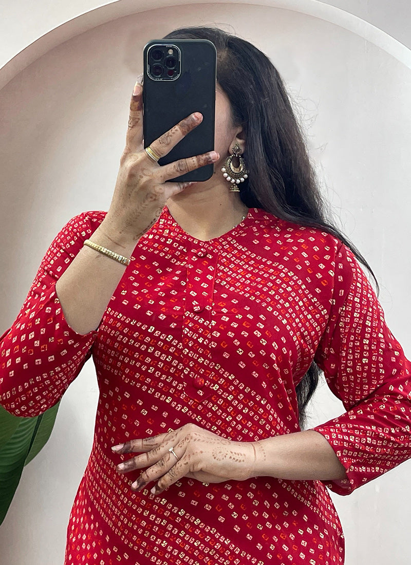 Red Soft Rayon Cotton Bandhani Printed Cord Set