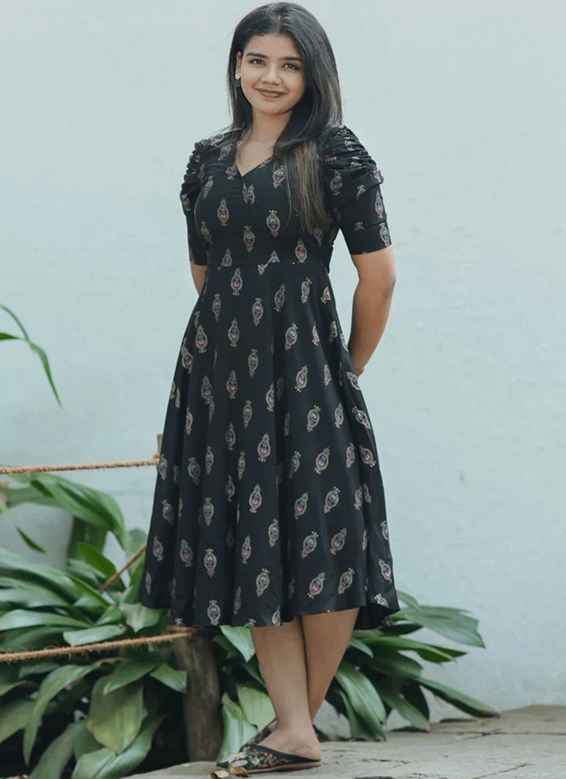 Modish Black Color Digital Print Umbrella Frock Asymmetric Dress