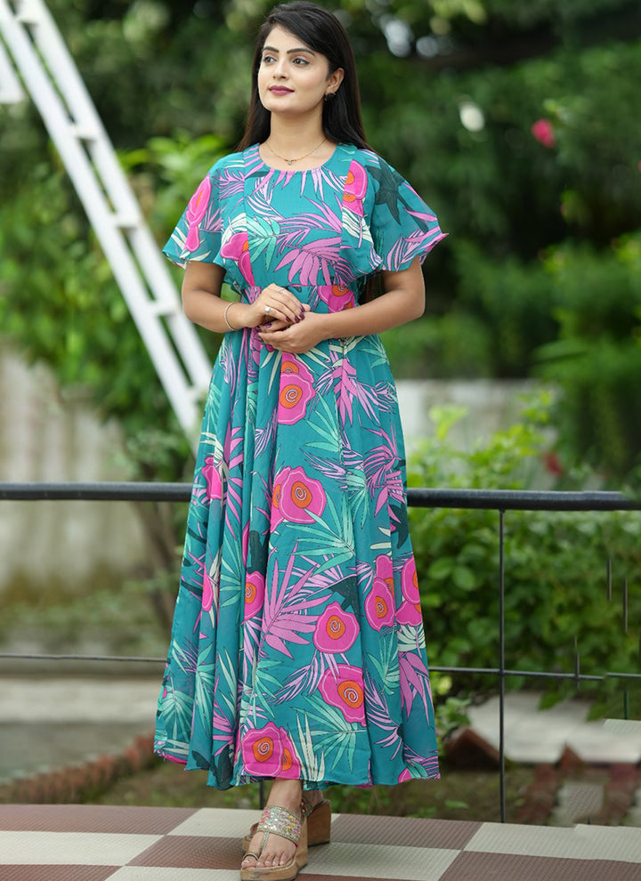 Turquoise Printed Georgette Party Wear Dress