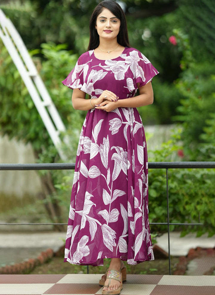 Purple Flower Printed Georgette Party Wear Dress