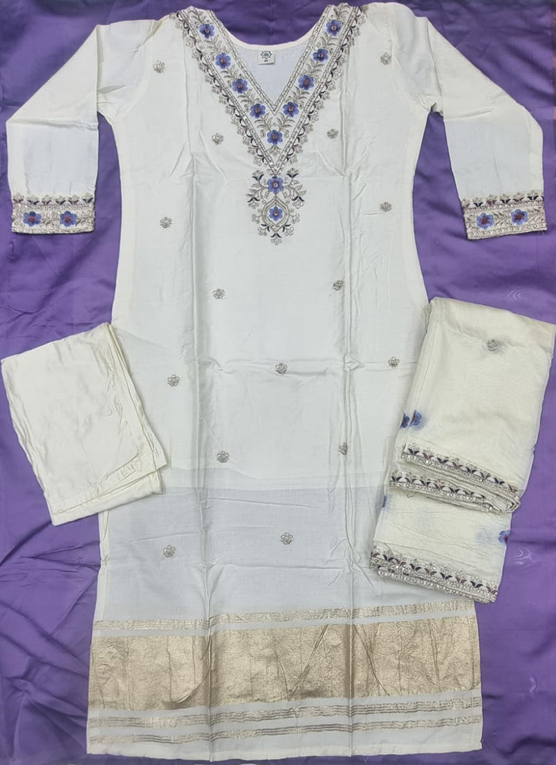 Off White Viscose Silk Embroidered Festive Kurta Set